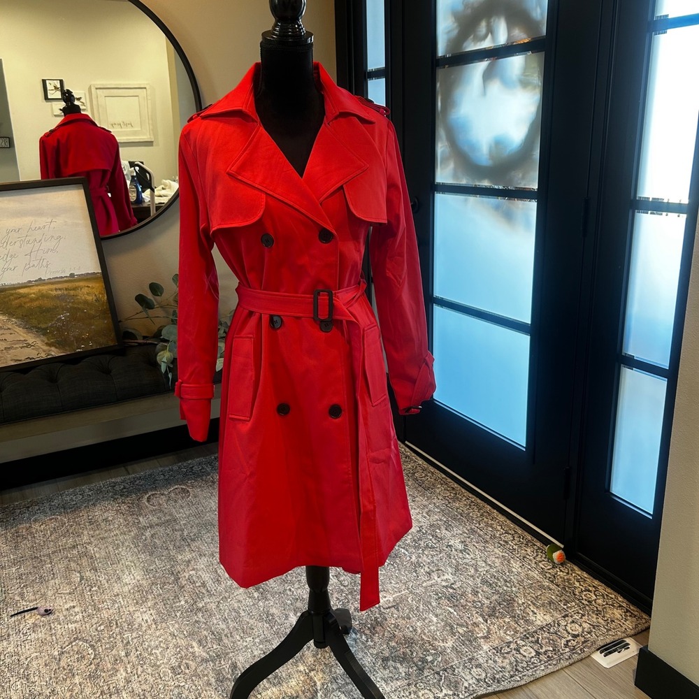 Jiepotu Red Double Breasted Trench Coat Plaid Lined Belted Jacket Womens XL